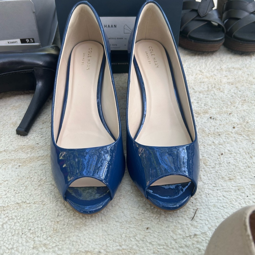 Cole Haan Women's Glossy Blue Peep Toe Heels